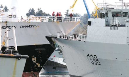 Trawler damages docked warship