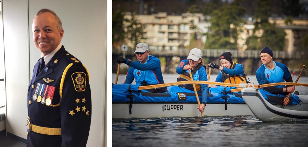 Left: CWO (ret’d) Darcy Eggleston in his BC Sherriff’s Superintendent dress tunic and service medals. Right: Eggleston (left) paddles with his Maple Bay Ocean Canoe Club outrigger team during a March 4