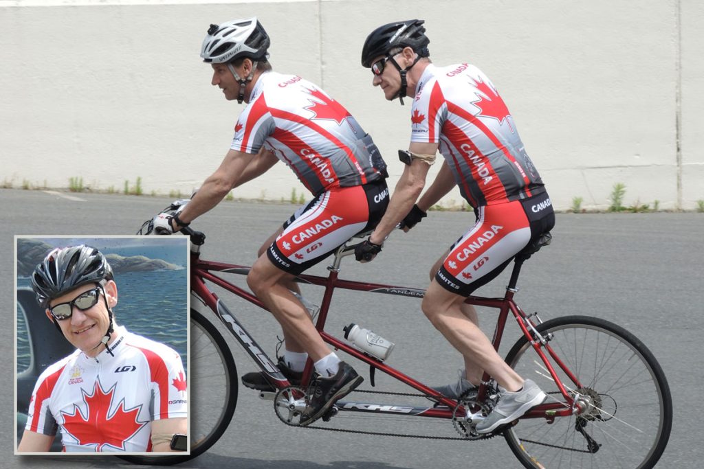 Lieutenant-Commander (Retired) Mark Cunningham (left) and Master Corporal (Retired) Lutz Stelzner take their new tandem bicycle for a test drive through the parking lot of the Naden Athletic Centre on May 31. The two cyclists were reunited in Victoria last week and took part in the Navy Bike Ride on June 1. Inset: Invictus Games cyclist Master Corporal (Retired) Lutz Stelzner. Photos by Peter Mallett