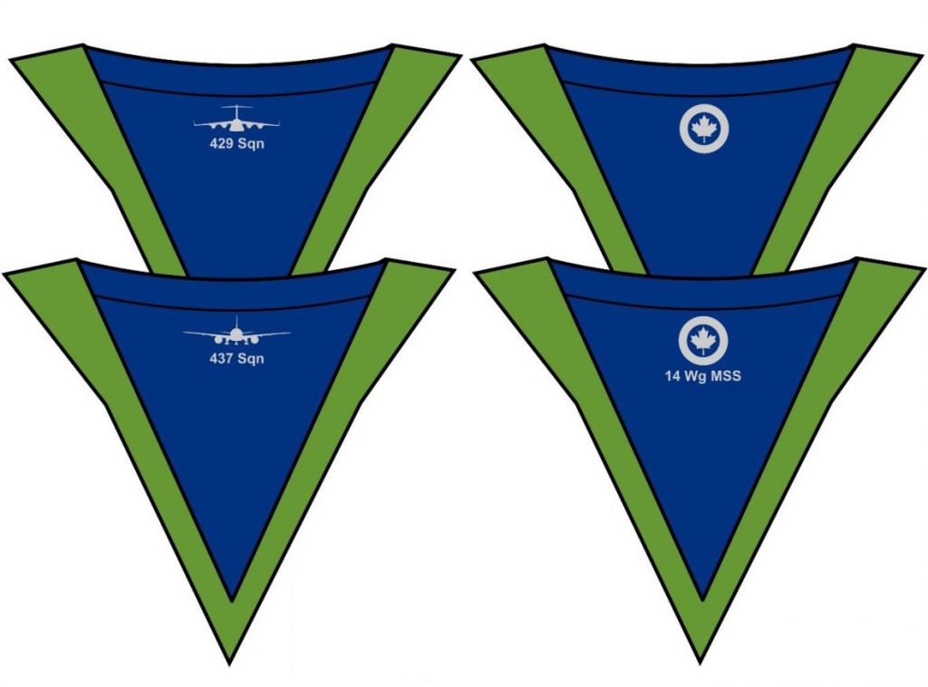 Samples of unit identifiers embroidered on the necks of T-shirts. Personnel at wings