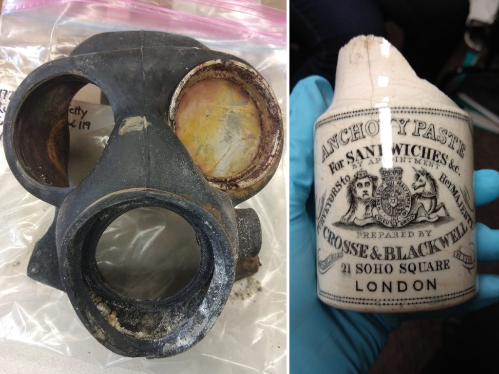 Left: A recovered Canadian issue Mark IV 1942 gas mask. Right: British ceramic anchovy paste jar dating to between 1830 and 1860