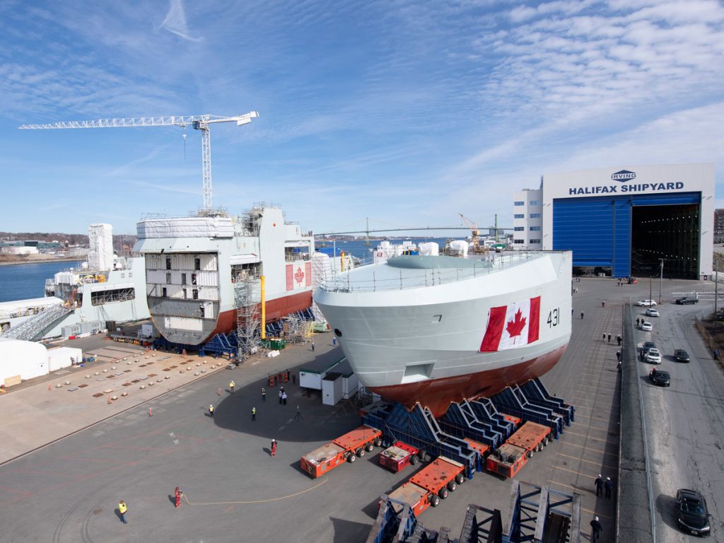 The bow mega block section of the future HMCS Margaret Brooke is moved outside at Irving’s Halifax shipyard.  Photo courtesy Irving Shipbuilding