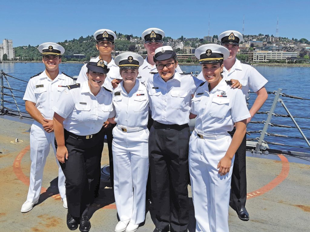 Naval Cadets gather for a photograph on the flight deck of USS Spruance during an exchange program with the United States Navy in August. The Naval Cadets are enrolled in the Regular Officer Training Program and were participating in ROTP’s summertime On-the-Job Employment Program. Photo submitted: Naval Personnel Training Group (NPTG)