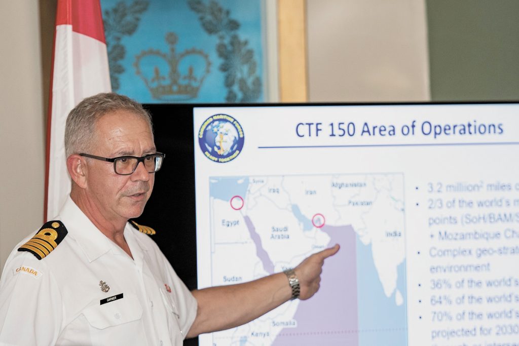 Capt(N) Darren Garnier speaks to members of Royal United Services Institute of Nova Scotia about his time in command of Combined Task Force 150.  Photo by Mona Ghiz