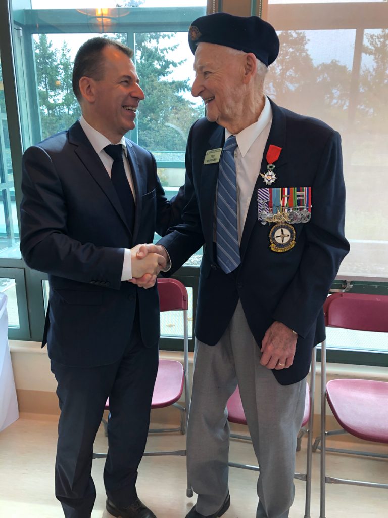 Victoria’s Edward Vaughan receives his French Legion of Honour Medal from France's Consul General for western Canada Phillipe Sutter at Veterans Memorial Lodge at Broadmead on Sept. 29. Photo courtesy Shannon Donnelly