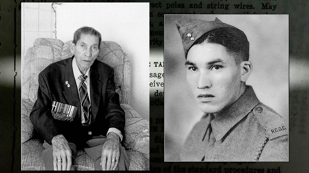Left: Cpl (Ret’d) Tomkins at age 85 in 2003. He was one of the few known Cree Code Talkers who used the Cree language to create a secret code that may very well have turned the tide of the Second World War in favour of the Allies.  Photo courtesy of Adele Laderoute. Right: Corporal (Retired) Charles (Checker) Tomkins during the Second World War
