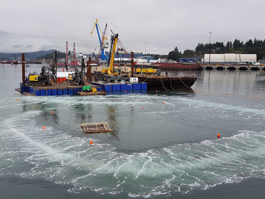 A bubble curtain is activated in Esquimalt Harbour just prior to a marine blast on Sept. 13. The work is being done to make way for a new small boats jetty in Dockyard.