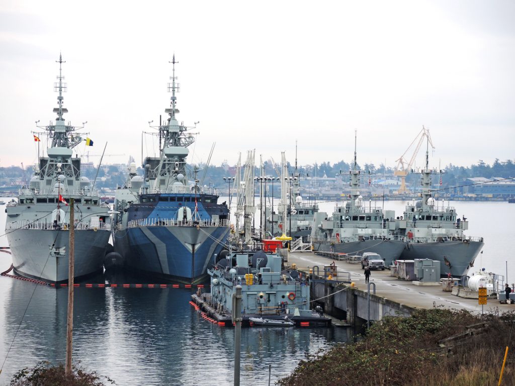 A view of Colwood’s crowded ‘F’ Jetty on Dec. 6. The western end of Esquimalt Harbour was home to five commissioned ships of the Royal Canadian Navy with Halifax-class frigates HMCS Winnipeg and HMCS Regina to the left