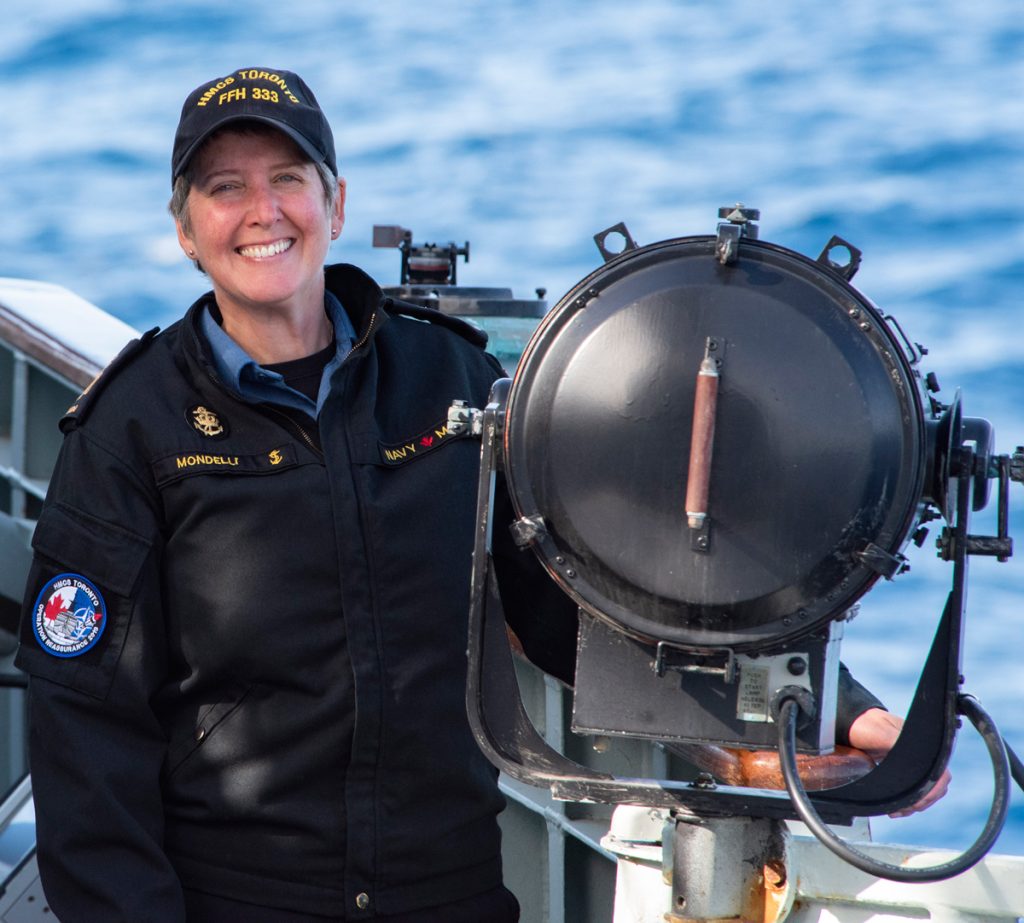 CPO1 Alena Mondelli is seen at sea during an Operation Reassurance deployment with HMCS Toronto in 2019.  Photo by MCpl Manuela Berger
