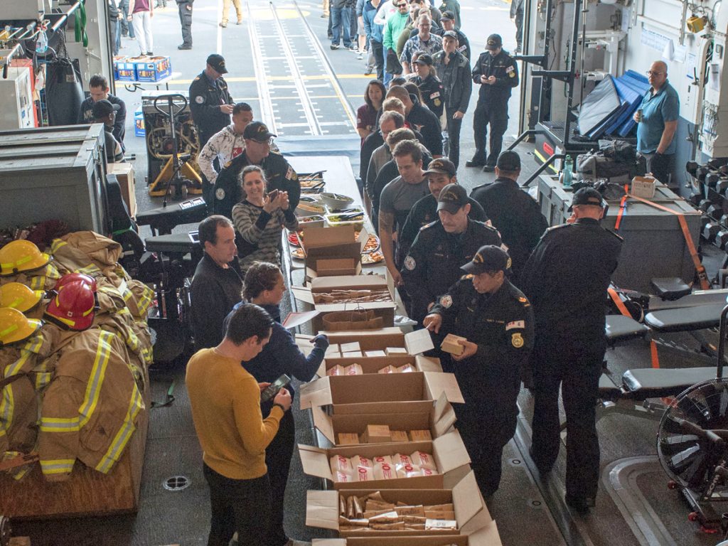 HMCS Calgary crewmembers line up to enjoy some McDonalds food provided by Westshore McDonalds while the ship was alongside F jetty in Colwood on April 30. Photos by Corporal Jay Naples