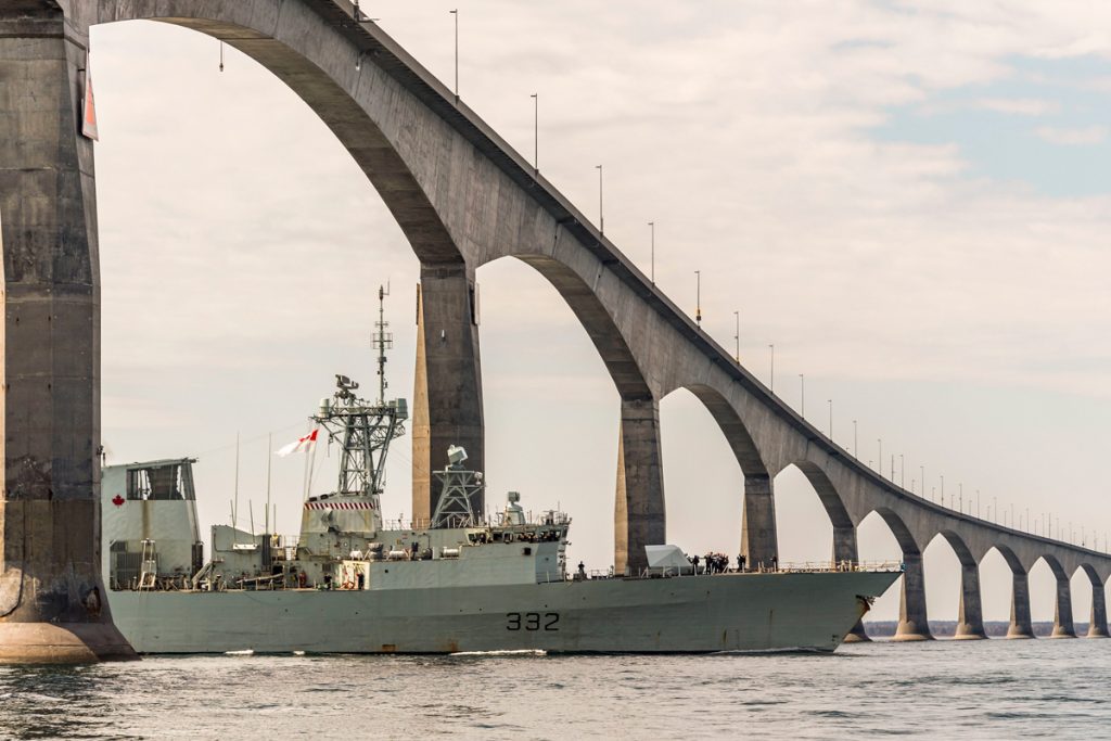HMCS Ville de Québec sails under the Confederation Bridge between New Brunswick and Prince Edward Island on May 17. Photo by MCpl Anthony Laviolette