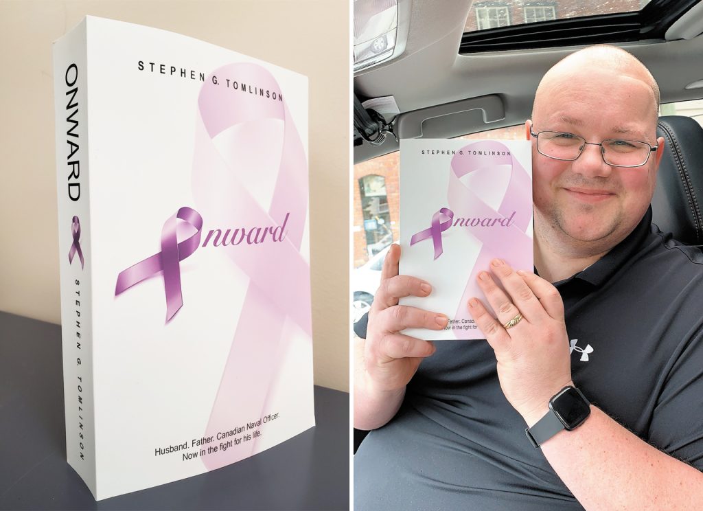Lt(N) Stephen Tomlinson of Naval Fleet School Pacific poses with a copy of his new book 'Onward'.