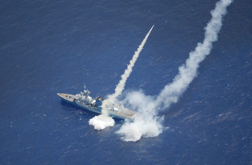 HMCS Regina fires two Harpoon Surface to Surface missiles in the Pacific Range Facility Barking Sands