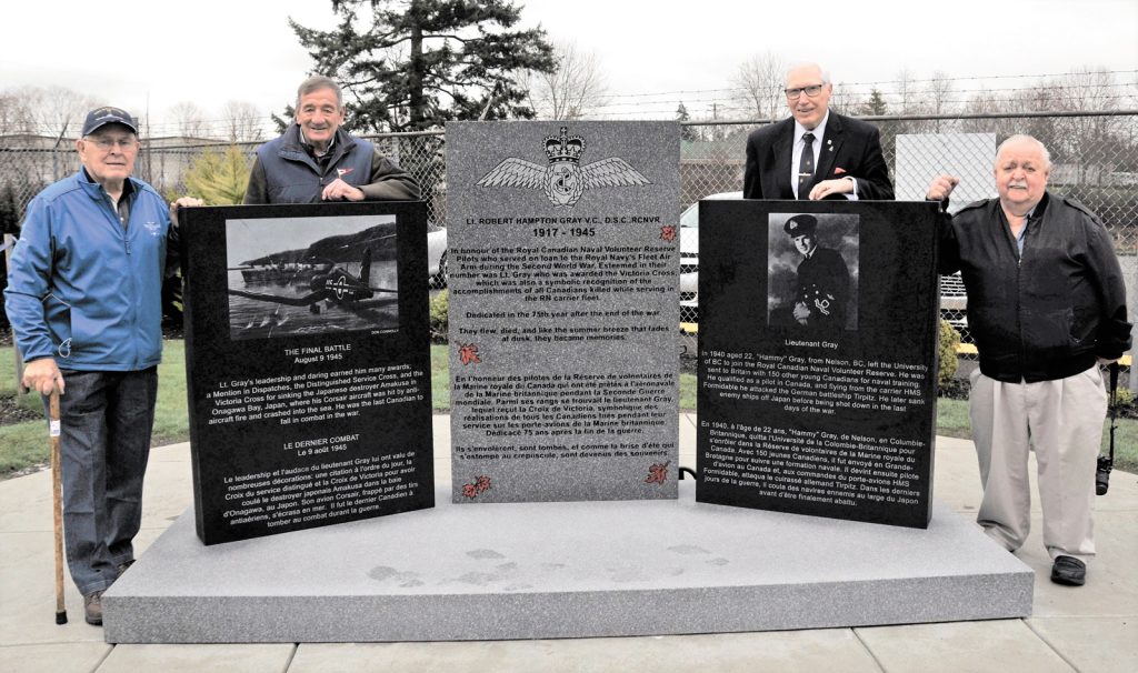 Four former navy members comprising the team responsible for completing the memorial for Robert Hampton Gray were on hand for the unveiling Jan. 5 at the BC Aviation Museum. From left: Stan Brygadyr