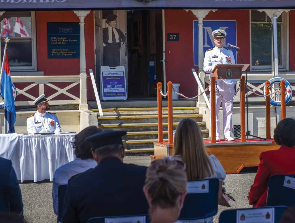 Capt(N) Jeff Hutchinson addresses the crowd gathered on museum square July 15 following the change of command of CFB Esquimalt. The speech marked his first as the new Base Commander. Photo by S1 Mike Goluboff