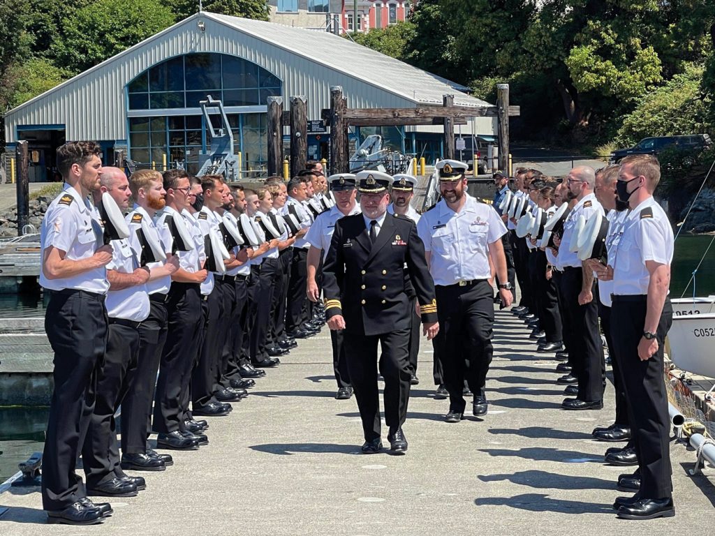 Sailors lined the floats at the Seamanship Training Centre for departing officer LCdr Mike Erwin. Following that