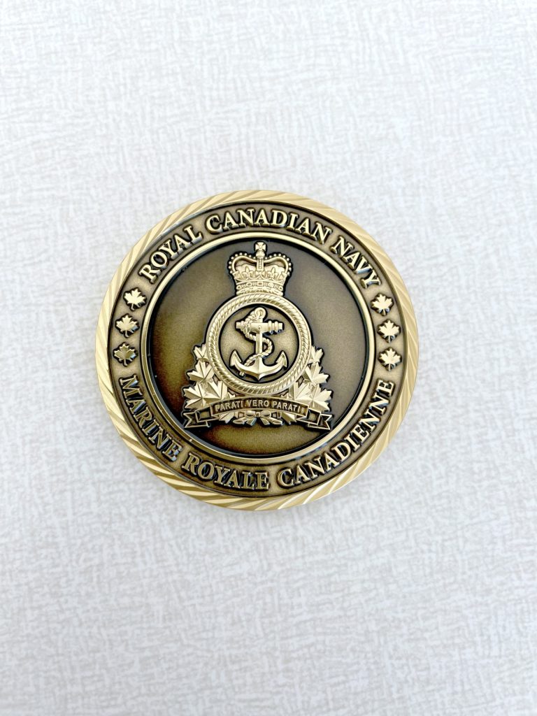 A challenge coin from a previous Commander of the Royal Canadian Navy. Photo supplied