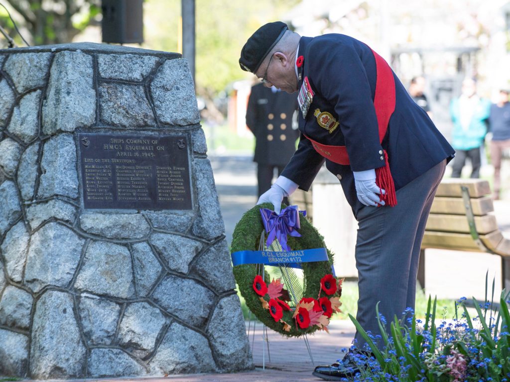Esquimalt Legion Sgt-at-Arms Sean Guadet lays a wreath during the service. Photo: Master Sailor Valerie LeClair