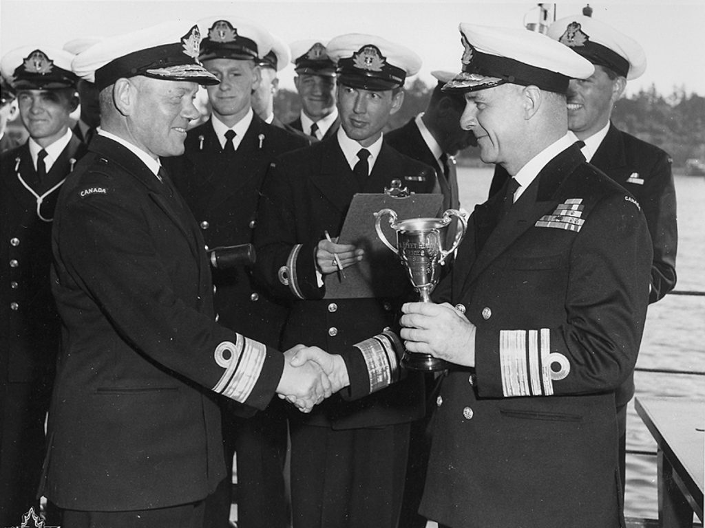 Rear-Admiral Hugh F. Pullen (left) shakes hands with Vice-Admiral Harry DeWolf. Photo supplied.
