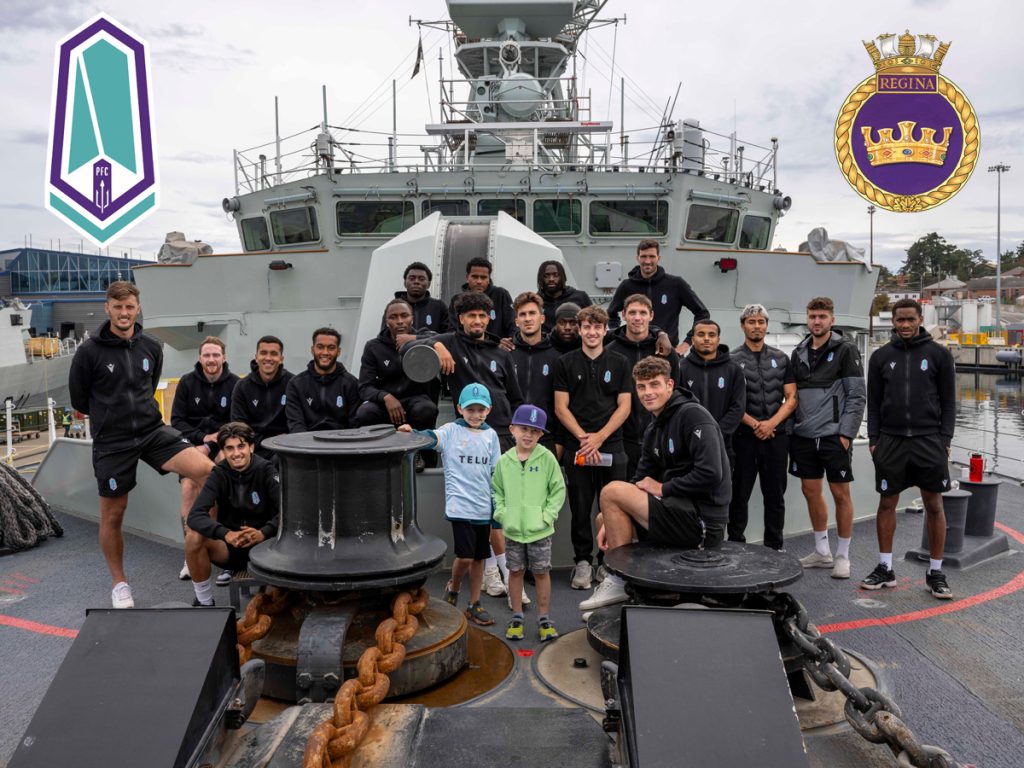 Members of the Pacific Football Club pose for a group photo on HMCS Regina at CFB Esquimalt. Photos: Sailor 3rd Class Jacob Saunders