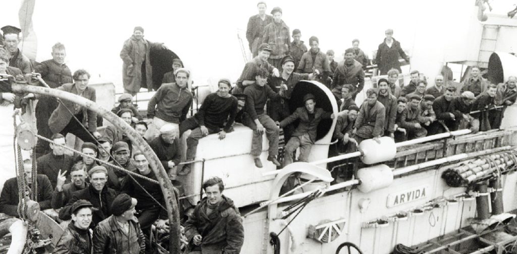 Survivors from torpedoed merchant ship aboard HMCS ARVIDA Sep 14