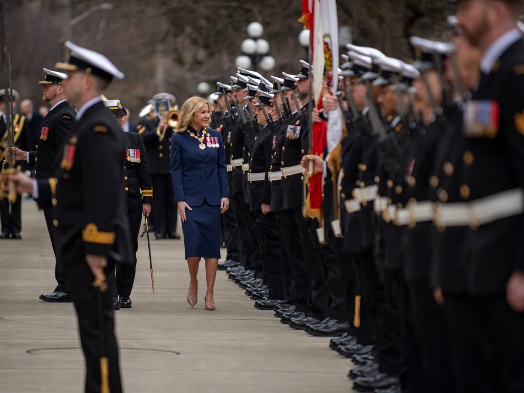 Members of Maritime Forces Pacific stand at attention as part of the installation for the Honourable Wendy Lisogar-Cocchia as Lieutenant Governor of B.C.